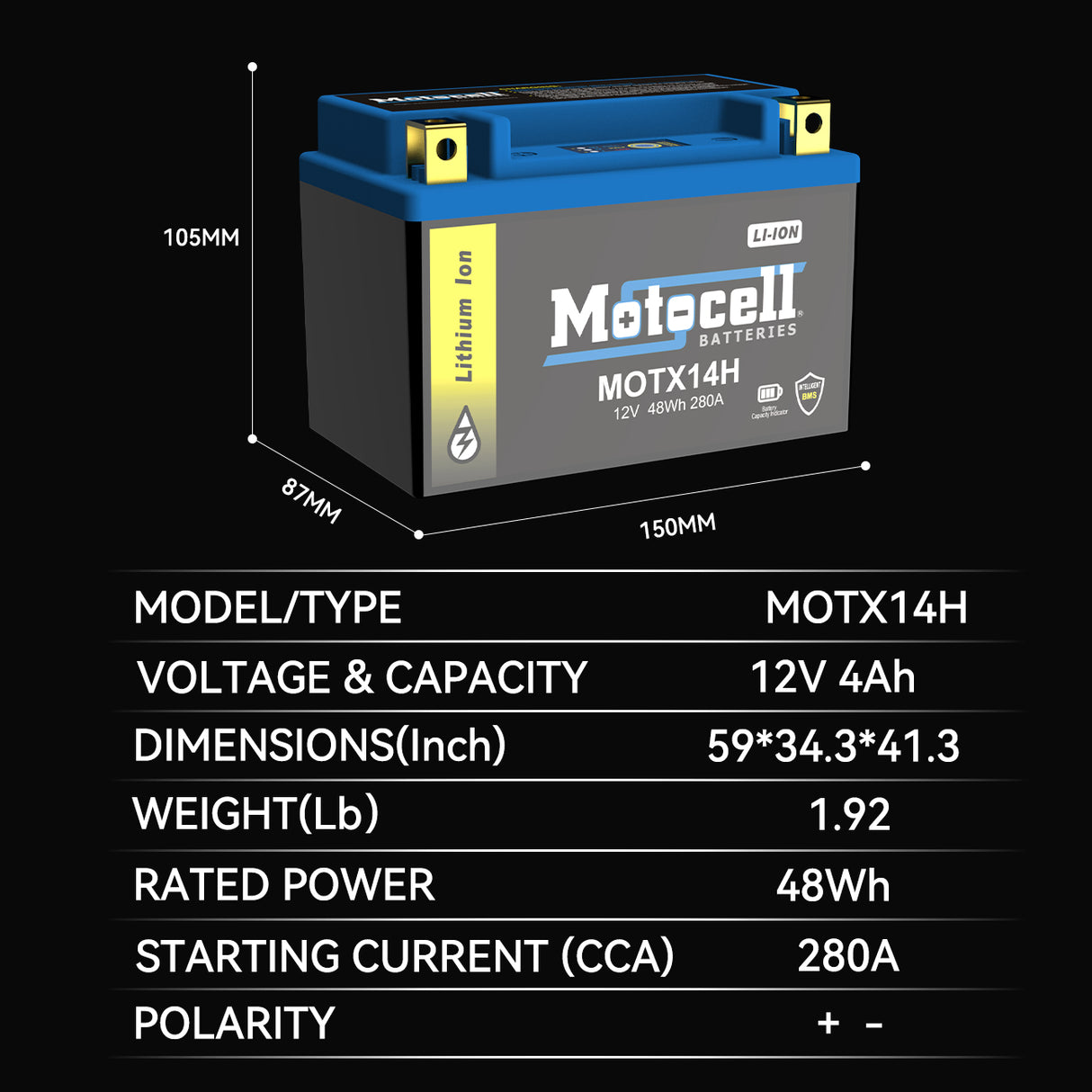 MOTX14H 12.8V 4Ah LiFePO₄ Battery G1204