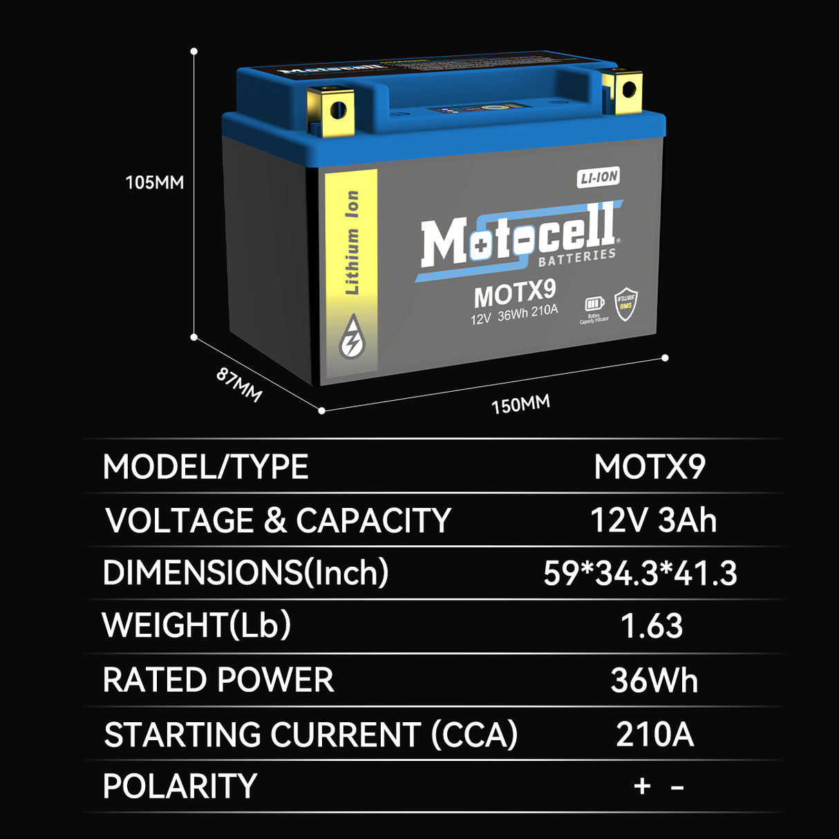 MOTX9 12.8V 3Ah LiFePO₄ Battery G1203